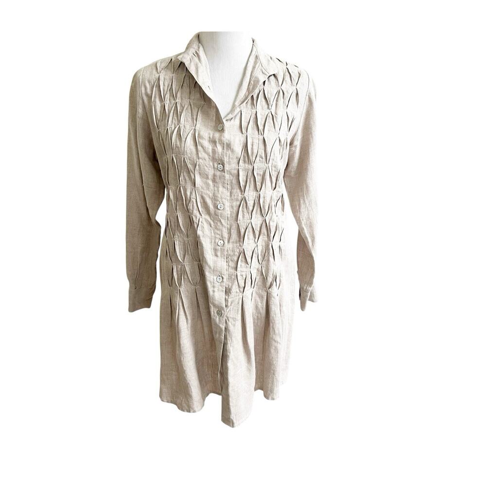 Blitz Linen Shirt Tunic Dress Made In Italy Size Small Tan Button Front Pleated
